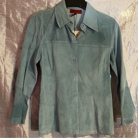 Nicola Berti perforated light suede jacket size L, read comments, NWT w/defect - Picture 2 of 9